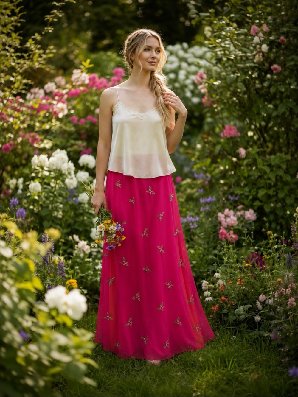 Boden Fuchsia Pink Cottagecore Embroidered 100% Silk Maxi Skirt S 12L - Picture 5 of 7